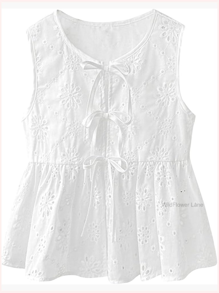 Women Bow Tie Front Tank Top Eyelet Embroidery Sleeveless Babydoll Peplum Tank